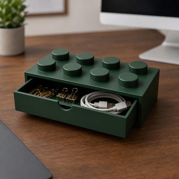 Dark green 4x2 single storage drawer on an office desk