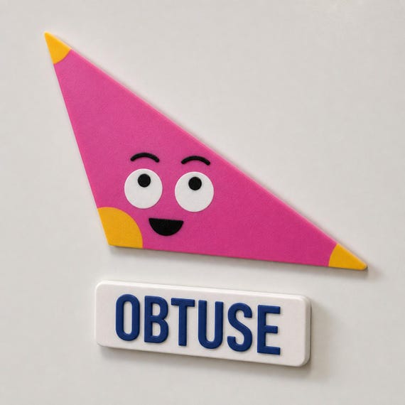 Pink obtuse-triangle character with yellow corner accents and its white OBTUSE label on a classroom whiteboard.