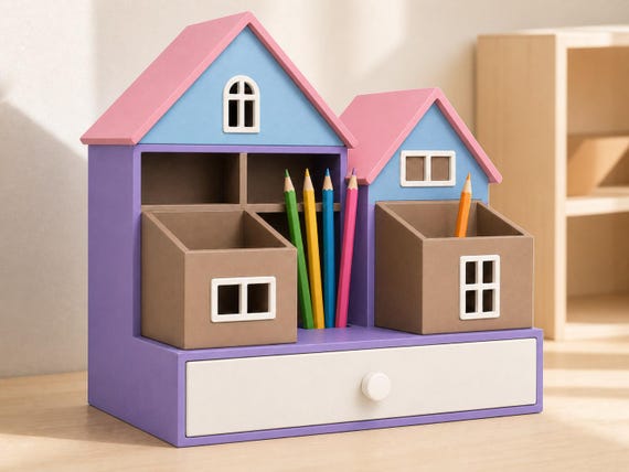 Storybook Learning Cottage Organizer, Kids Desk Storage, Homeschool Supply Caddy, Classroom Pencil and Art Supply Holder