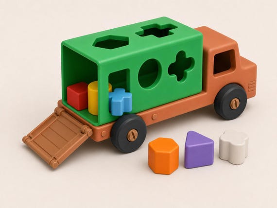 Rear close-up of the GeoHaul truck with the cargo gate open, three shapes inside the box, and three shapes beside it.