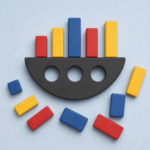 Arcade Pop ArcTumble gravity stack game viewed from above, showing the curved rocker, three openings, and twelve colorful blocks