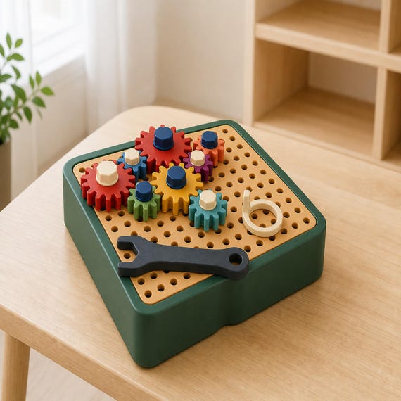 GearGarden mechanics board displayed close-up on a light wood table in a bright homeschool room.