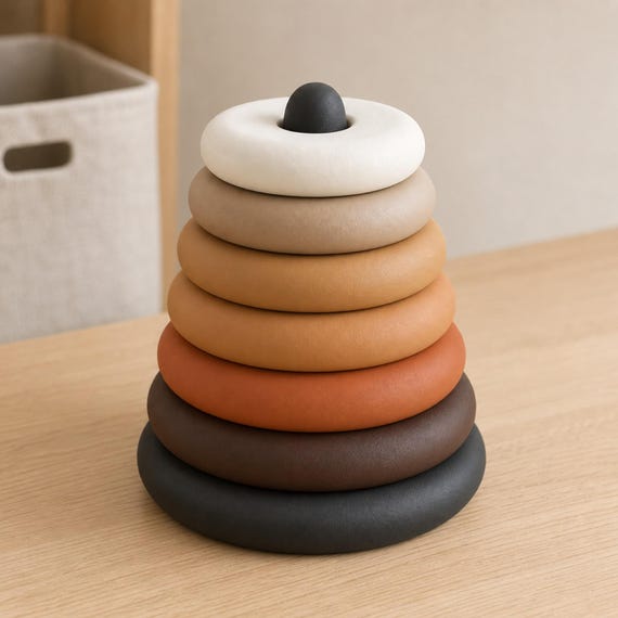 Cozy Earth RingRise sequencing tower with six brown, terracotta, caramel, tan, and bone-white rings on a charcoal base in a homeschool nook.