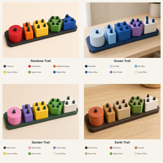 Colorway guide showing the exact board and shape colors included in Rainbow Trail, Ocean Trail, Garden Trail, and Earth Trail.