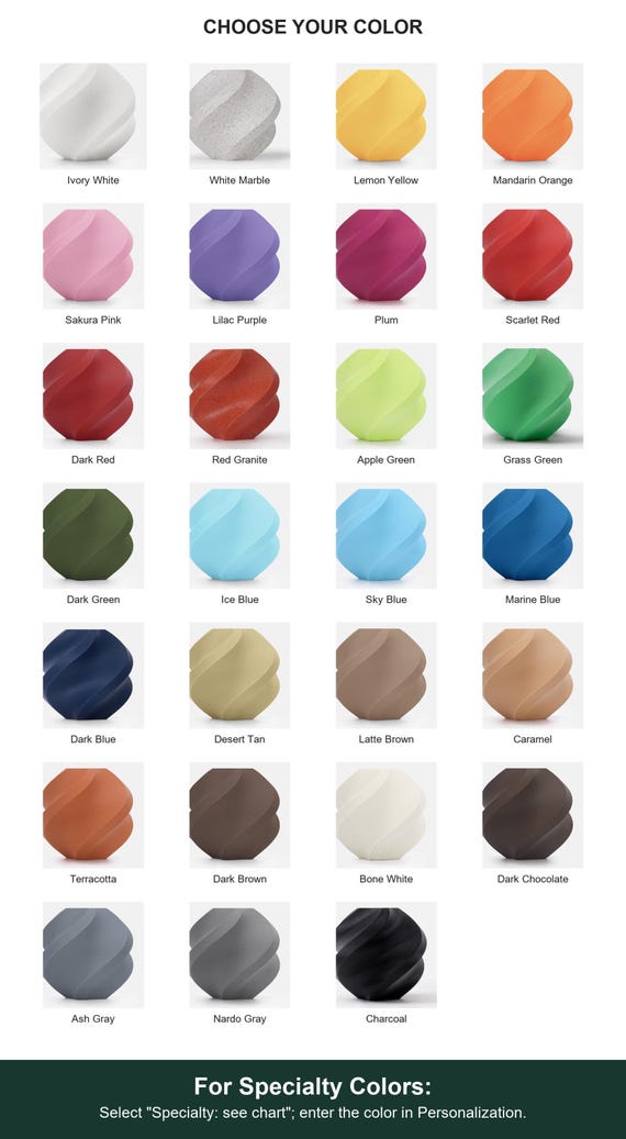 Full labeled color guide with White Marble and Red Granite among 27 color options. For Specialty Colors: Select "Specialty: see chart"; enter the color in Personalization.