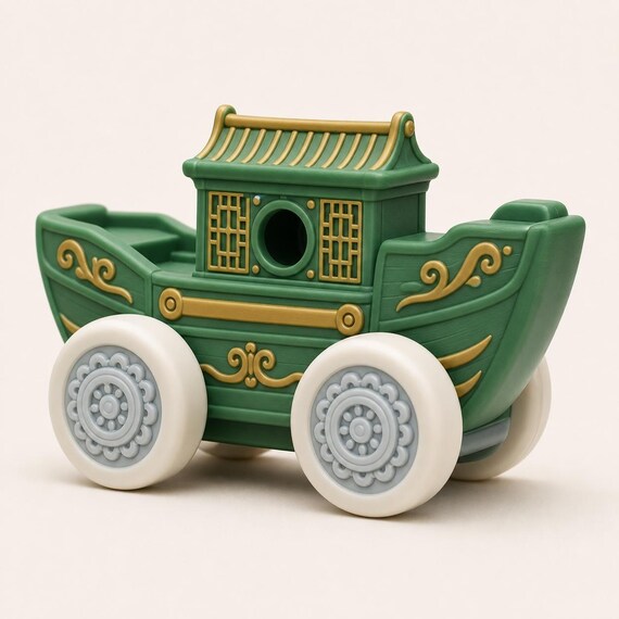 Close three-quarter view of the green River Sail rolling vehicle with gold wave details and ivory wheels