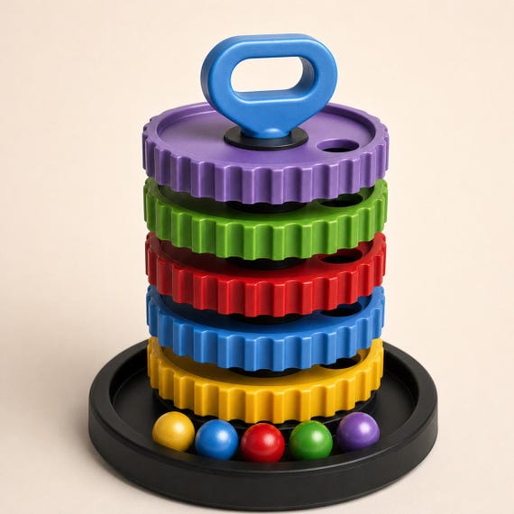 Silk Gleam CogCascade learning tower with black base, five softly lustrous gear layers, blue top grip, and five matching balls, front three-quarter view.