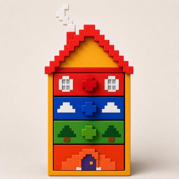 Straight-on close-up of the PixelHaven organizer showing red window, blue cloud, green tree, and orange door drawer fronts