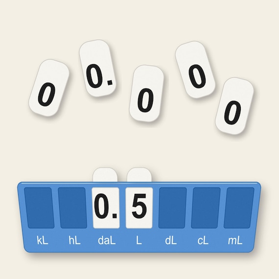 Blue capacity board on a plain cream background with two number tabs seated and five number tabs arranged separately above it.
