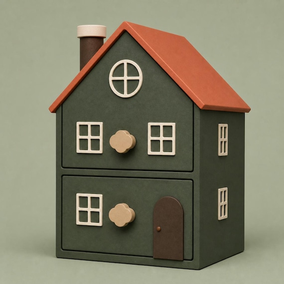 Right three-quarter view of the Forest Schoolhouse cottage drawers showing the roof, chimney, and two side windows.