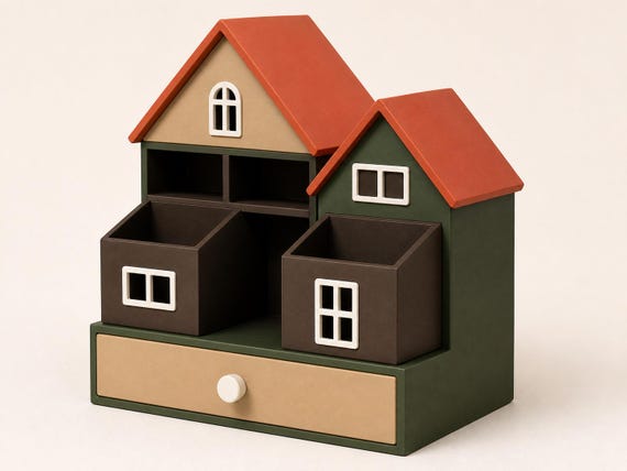 Right three-quarter view of the Woodland cottage organizer showing both rooflines, deep bins, and wide lower drawer.