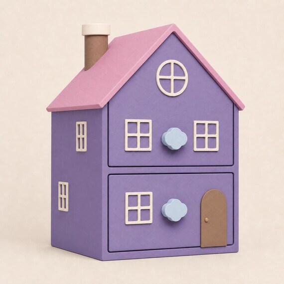 Blush Storybook Little Nook cottage drawers in lilac and pink from a close front-left angle.
