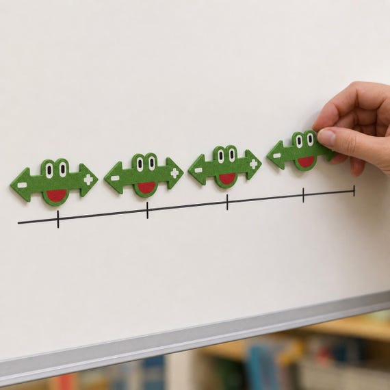 Adult teacher placing one of four green frog math markers above an unlabeled tick line on a classroom whiteboard.