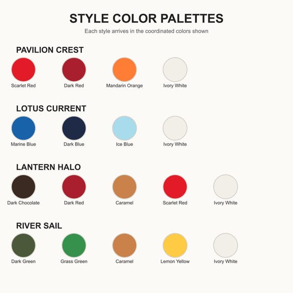 Labeled color guide for Pavilion Crest, Lotus Current, Lantern Halo, and River Sail style palettes