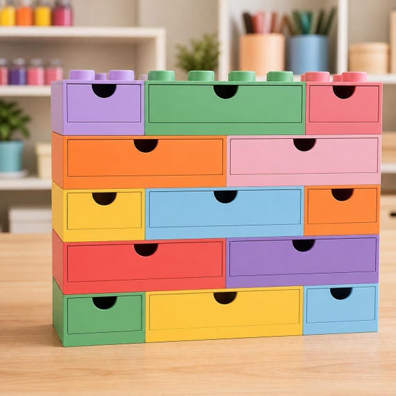 Colorful collection of modular stackable storage drawers