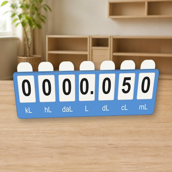 Blue capacity conversion board in a warm classroom setting with seven number tabs and the symbols kL, hL, daL, L, dL, cL, and mL.