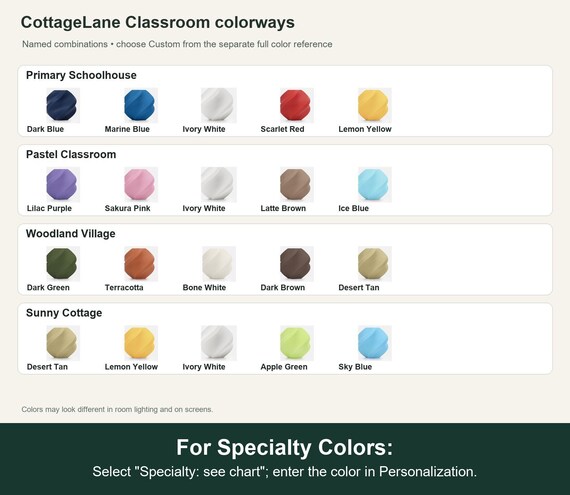 Named colorway swatch showing each listed combination. For Specialty Colors: Select "Specialty: see chart"; enter the color in Personalization.