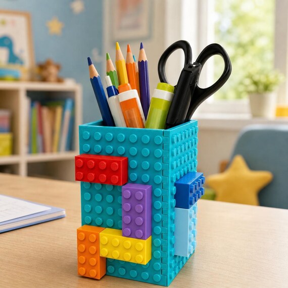 Turquoise studded pencil organizer on a child's study desk