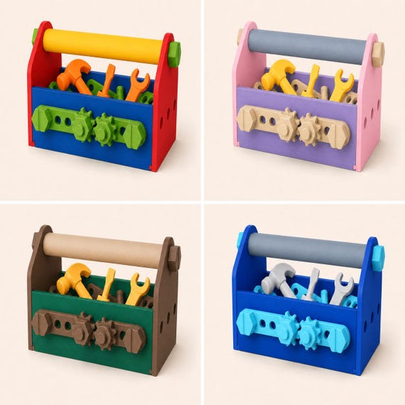 Four Little Builder toolbox colorways with Orange, Sunflower Yellow, Gold, and Silver three-tool sets.