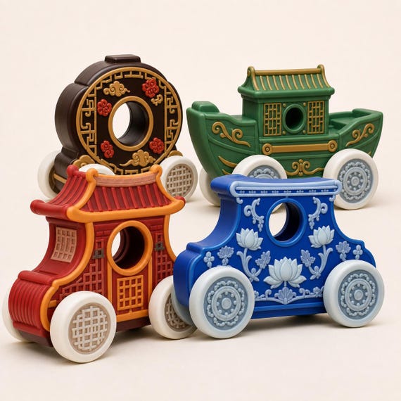 JadeRoad Heritage Rolling Vehicle, Chinese Inspired Toy Car, Pagoda Lotus Lantern or River Boat Style, Cultural Decor Gift