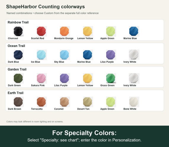 Named colorway swatch showing each option. For Specialty Colors: Select "Specialty: see chart"; enter the color in Personalization.