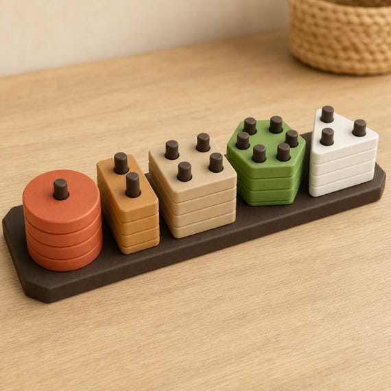 Earth Trail ShapeHarbor counting peg puzzle in terracotta, caramel, tan, green, and bone white on a brown board, shown on a homeschool table.