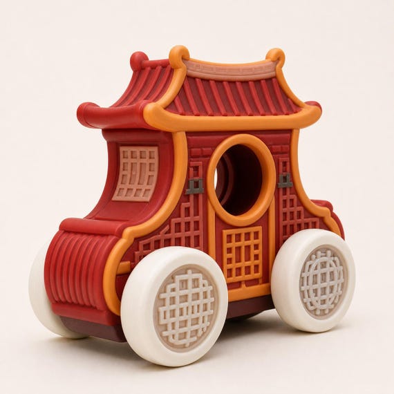 Close three-quarter view of the red and orange Pavilion Crest rolling vehicle with ivory lattice wheels on a warm white background