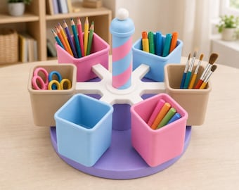 Carrusel giratorio para material escolar SpinBloom, organizador de escritorio infantil giratorio, organizador de material artístico para la educación en casa, almacenamiento de lápices y marcadores.
