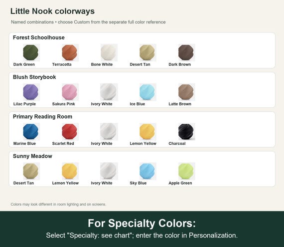 Named colorway swatch showing each listed combination. For Specialty Colors: Select "Specialty: see chart"; enter the color in Personalization.