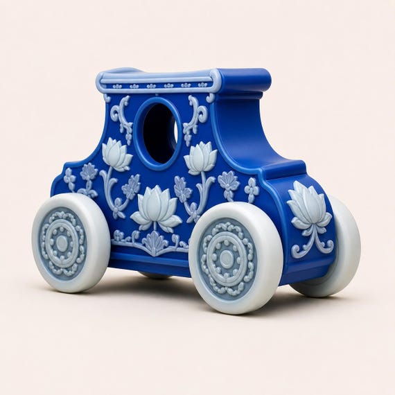 Close three-quarter view of the blue Lotus Current rolling vehicle with pale lotus relief and ivory wheels on a warm white background