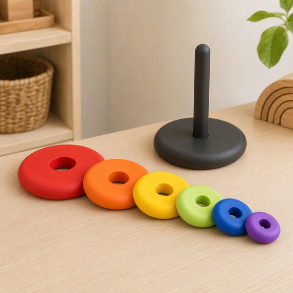 Rainbow Rise RingRise set disassembled on a pale wood table, with six graduated red, orange, yellow, green, blue, and purple rings arranged beside the bare charcoal post.