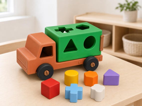 GeoHaul learning truck with six colorful shapes on a light birch table in a bright Montessori-inspired homeschool room.