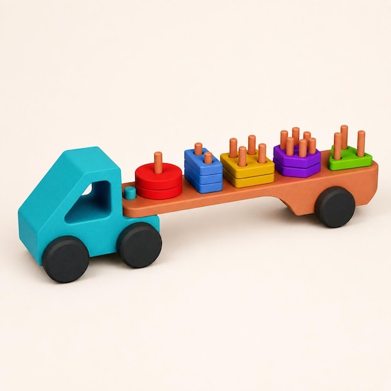 GeoTrail sorting truck with turquoise cab, orange bed, dark wheels, and five colorful geometric blocks in a close front-left view.