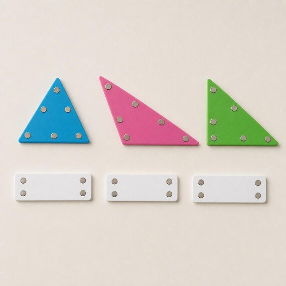 Backs of the three colored triangle pieces and three white labels showing their circular magnetic inserts on a cream background.