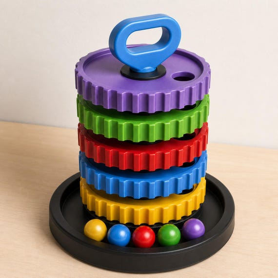Lustrous multicolor learning tower on a pale wood table from a high right angle, showing staggered openings and five balls in the black tray.