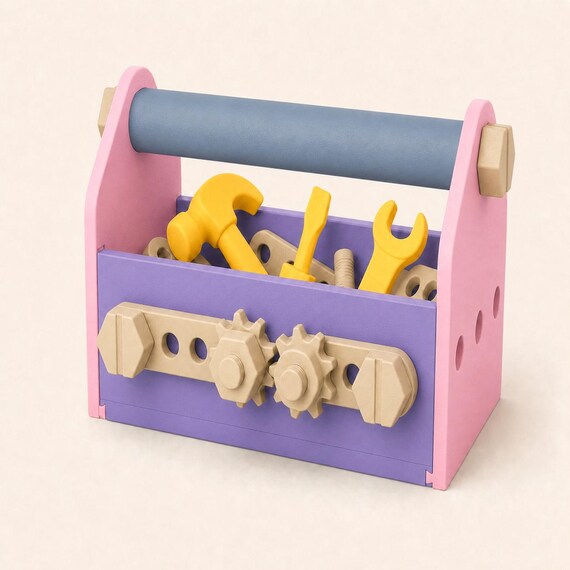 Pastel Tinkerer toolbox in Purple, Pink, Blue Grey, and Beige with three Sunflower Yellow tools.
