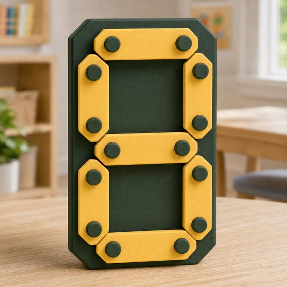 Meadow Contrast DigitPath number board with lemon yellow bars and dark green round guides forming the numeral 8 in a learning room.