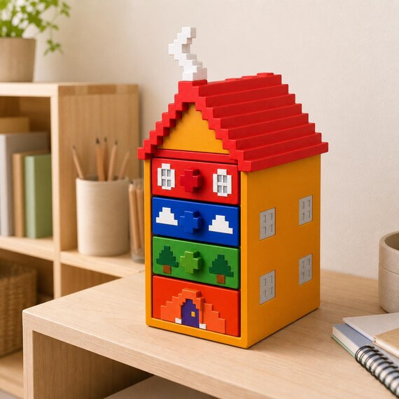 Colorful PixelHaven four-drawer house organizer displayed on a pale wood desk in a bright neutral playroom study