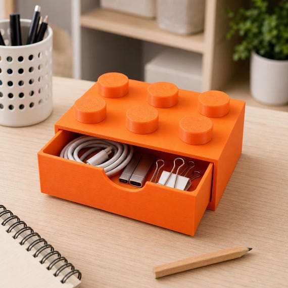 Mandarin orange 3x2 storage drawer on a creative studio desk