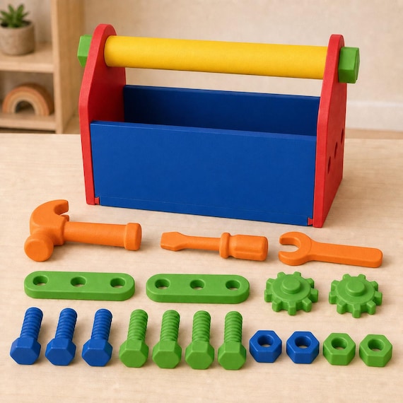 Primary Builder toolbox with three Orange tools and included Bright Green and Cobalt Blue play pieces arranged on a table.