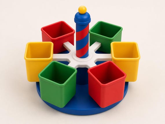 Primary Parade rotating classroom organizer with six red, green, and yellow cups around a blue base.