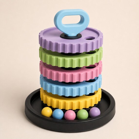 Soft Matte CogCascade learning tower with black base, five pastel gear layers, light blue top grip, and five matching balls, front three-quarter view.