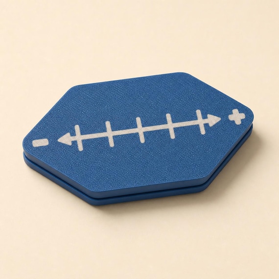 Closed blue storage case with its white tick-mark line, direction arrows, minus symbol, and plus symbol on a cream background.