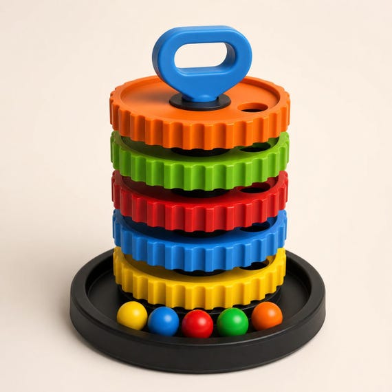 Classic Brights CogCascade learning tower with black base, five vivid gear layers, blue top grip, and five matching balls, front three-quarter view.