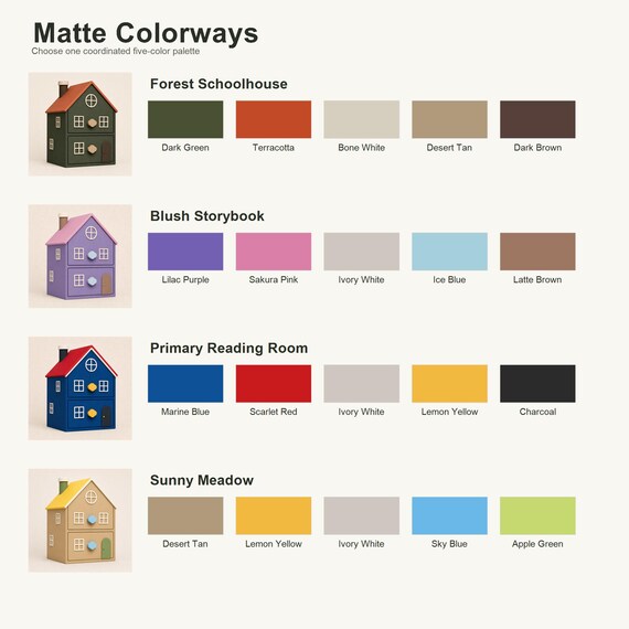 Labeled matte colorway guide showing the four Little Nook cottage options and the exact five colors in each palette.