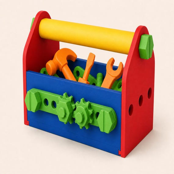 Opposite angle of the Primary Builder toolbox with Cobalt Blue body, Red sides, and three Orange tools.