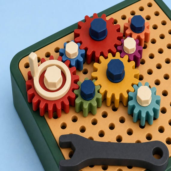 Ivory turning ring seated on a brick red gear beside connected sage and mustard gears in close-up.