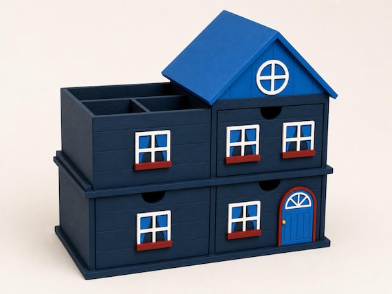 Primary Schoolhouse cottage organizer with dark blue drawers, blue roof, white windows, red ledges, and yellow door knob.