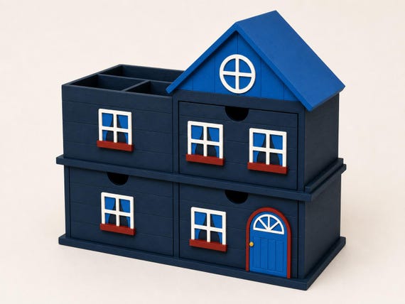 Opposite three-quarter view of the Primary Schoolhouse organizer showing its depth, roof slope, windows, and closed drawers.