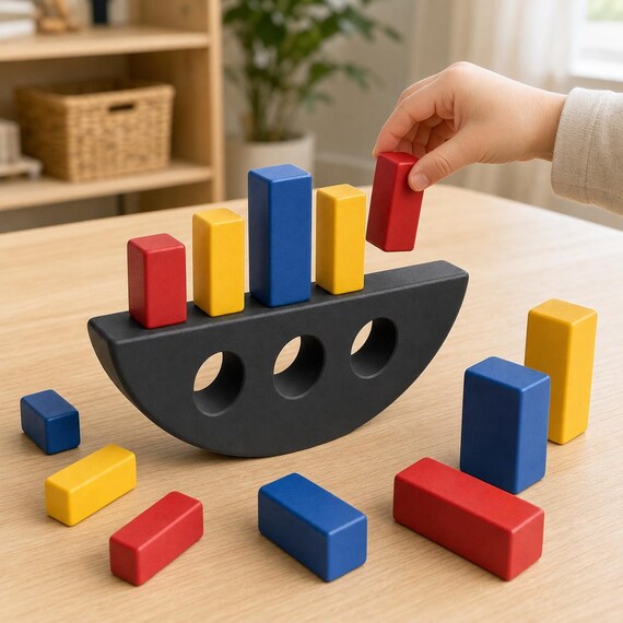 Child placing a red block above the Arcade Pop ArcTumble rocker while the remaining eleven colorful blocks stay visible on the table